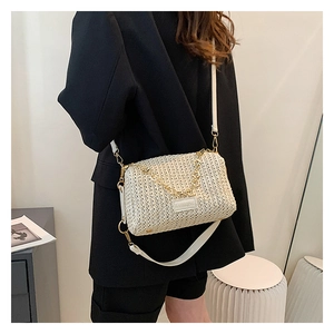 Detail of a beige woven crossbody bag featuring a gold chain and logo on a black blazer