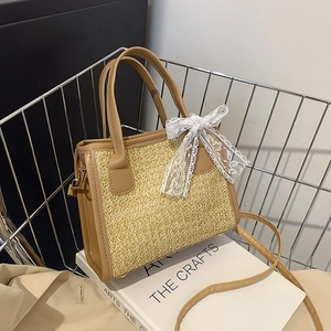 Petit Sac Carré En Paille Tissé Pour Femme Avec Nœud En Dentelle Garniture En Cuir PU Vacances D'été Rétro Sac À Bandoulière