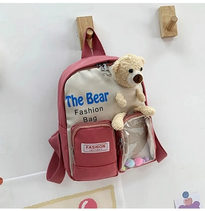 Dettaglio dello zaino bimbi bicolore rosa con orsetto 3D e tasca trasparente