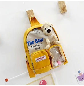 Dettaglio zaino bimbi con orsetto 3D e tasca trasparente con palline colorate