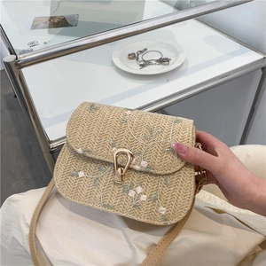 Floral Embroidery Straw Woven Crossbody Bag For Women Elegant Pastoral Style Shoulder Handbag With Gold Metal Buckle