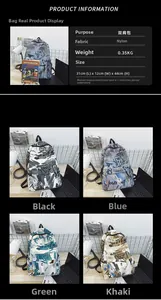 Detailed spec sheet and color options for the 31x12x44cm graffiti nylon backpack