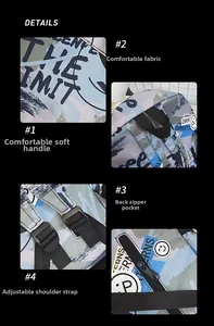 Detail view of graffiti backpack features, including padded handle and adjustable straps
