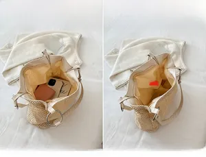Detail view of woven tote bag interior with PU straps and spacious storage capacity