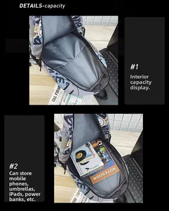 Detail view of the large capacity graffiti backpack interior with books and laptop