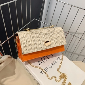 Women Fashion Woven PU Leather Small Square Bag Gold Chain Strap Metal Handle Casual Crossbody Shoulder Bag For Vacation