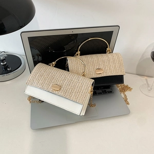 Woven straw and leather crossbody bags with golden metal handles and chain straps