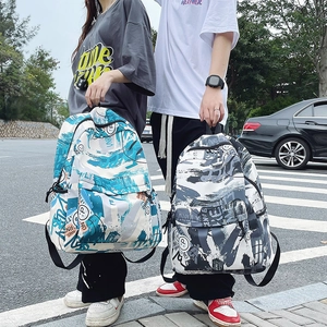 Graffiti print large capacity street style backpack in blue and grey for students
