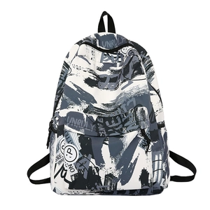 Unruly graffiti print backpack for students featuring black, white, and gray streetwear design