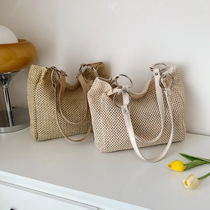 Retro summer woven straw tote bag with metal ring handles in beige and ivory white