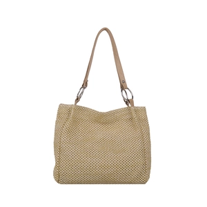 Large straw tote bag with brown leather straps for summer beach or daily commute fashion