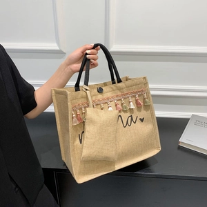 Women Jute Tote Bag And Small Pouch Bohemian Large Capacity Shoulder Handbag For Summer Holiday Mama Letter Print Retro