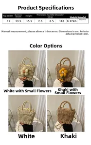 Detailed size specs and color options for the handmade woven straw summer bucket bag