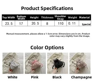 Lace bucket bag size specifications and four available colors with pearl chain detail