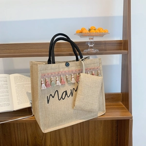 Women Fashion Canvas Tote Bag Large Capacity Shoulder Bag With Mama Letter Print Tassels Two Piece Set Handbag For Daily