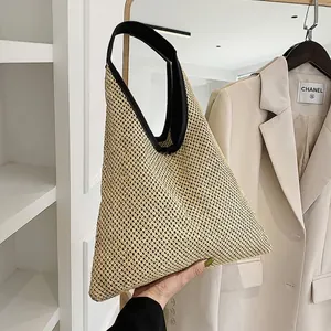 Triangle Straw Woven Shoulder Bag Summer Beach Tote With Contrast Leather Handle Large Capacity Casual Vacation Handbag Women