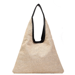 Triangle woven straw handbag with black contrast handles for summer beach vacations