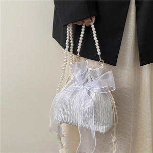 Elegant Pleated Satin Bucket Bag For Women With Large Organza Bow And Faux Artificial Pearl Chain Strap Drawstring Shoulder Bag Party Accessory