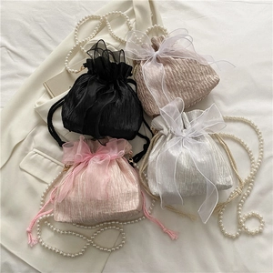 Lace drawstring bucket bag with large bow and pearl chain strap in four colors