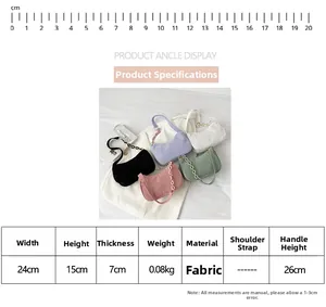 Corduroy half-moon bag color palette with 24cm size scale and resin chain detail