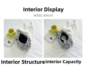 Detail view showing the red interior lining and large capacity of the grey quilted cloud bag
