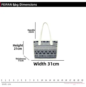 Maattabel voor geometrische tote tas, afmetingen 31x21x11cm met handvathoogte van 22cm