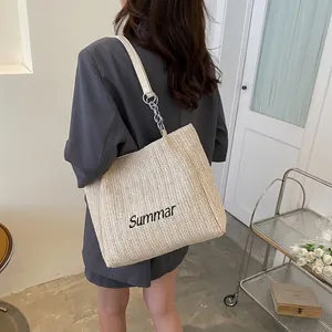 Fashion Straw Woven Tote Bag For Women Large Capacity Summar Letter Embroidery Summer Beach Shoulder Bag With Metal Chain Strap