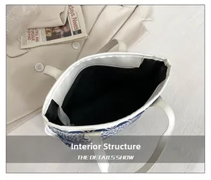 Bovenaanzicht van ruim interieur van de draagtas met blauw weefsel en veilige ritssluiting