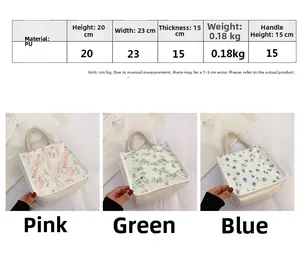 Detailed size specifications for three lace-patterned PU handbags in pink green and blue