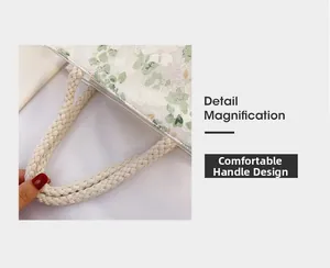 Detailed close-up of light green floral lace tote bag with white woven rope handles