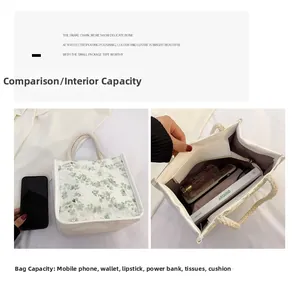 Detail view of large capacity floral canvas handbag interior showing organized compartments