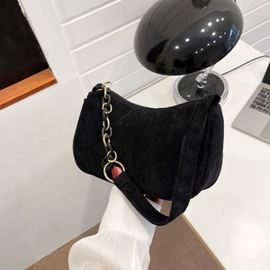 Corduroy Underarm Shoulder Bag For Women Retro Simple Trendy Baguette Purse With Acrylic Metal Chain Decoration Chic