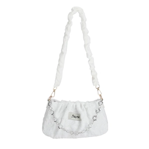 White cloud-shaped pleat bag with textured fabric and floral silver chain strap