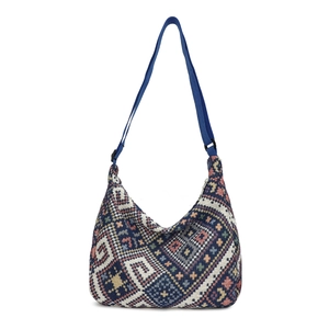 Retro ethnic style woven canvas tote bag with colorful geometric patterns and blue strap