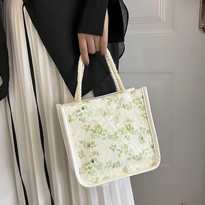 Fresh Lace Floral Handbag Women Sweet Tote Bag With Braided Rope Handle Pastoral Style Small Bucket Bag