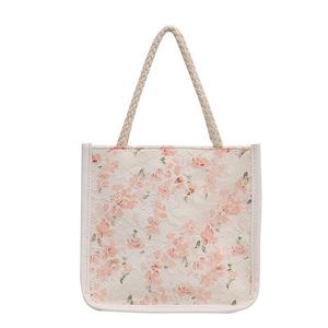 Floral lace canvas tote bag with rope handles and pastoral pink flower pattern