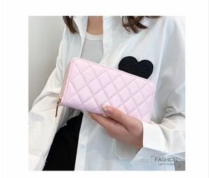 Portafoglio lungo rosa in pelle PU trapuntata con cerniera dorata per donna