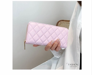 Elegante portafoglio lungo trapuntato rosa da donna con cerniera dorata in pelle PU