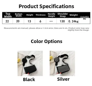 Size chart showing PU leather rhinestone bag dimensions and black or silver color options