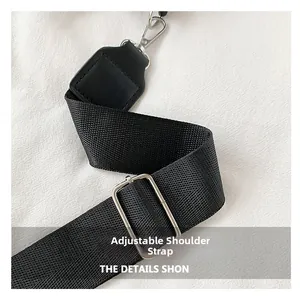 Detail view of adjustable black nylon strap with high-quality silver metal buckle and hook
