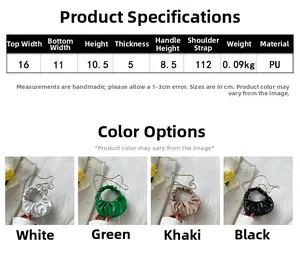 Detailed size chart and multi-color options for the ruched cloud shoulder bag