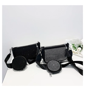 Detail of trendy rhinestone 3-in-1 crossbody bag with round coin purse and wide strap