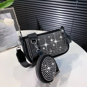 Retro black crossbody bag set with sparkling rhinestones and wide shoulder strap for women