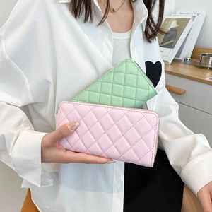Eleganti portafogli lunghi in pelle PU con trama a rombi e chiusura a zip metallica
