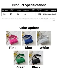 Detail view of quilted nylon mini square bags in five colors with dimension parameters