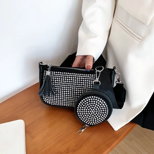 Women Rhinestone Underarm Bag With Coin Purse And Tassel Wide Strap PU Leather Crossbody Bag Luxury Street Shoulder Bag