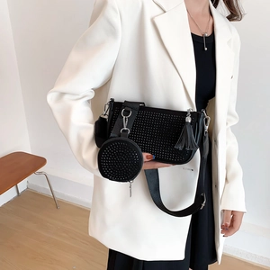 Chic 3-in-1 black rhinestone underarm bag with adjustable wide strap and coin purse