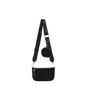 Black three-in-one crossbody bag with wide shoulder strap and round coin purse accessory