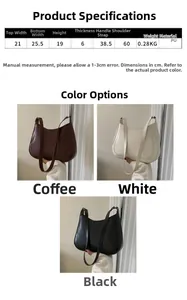 Size chart showing PU leather bag dimensions 25.5x19x6cm and available color options
