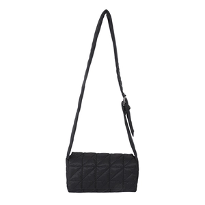 Minimalist black quilted crossbody bag with adjustable shoulder strap on white background